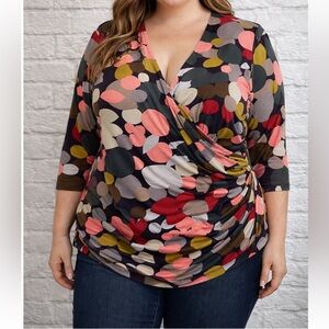 Boden 18 Surplice Multicolor Faux Wrap V-Neck Top 3/4 Sleeves